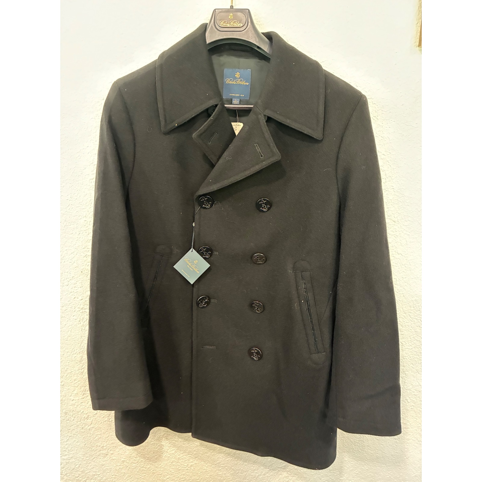 Brooks Brothers Black Wool Double Breasted Button Up Peacoat Mens Large New